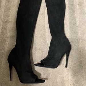 Over the knee black open toe boots